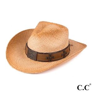 Tea Stained Raffia Cowboy Hat with Cross Embellishment on Band.  By CC